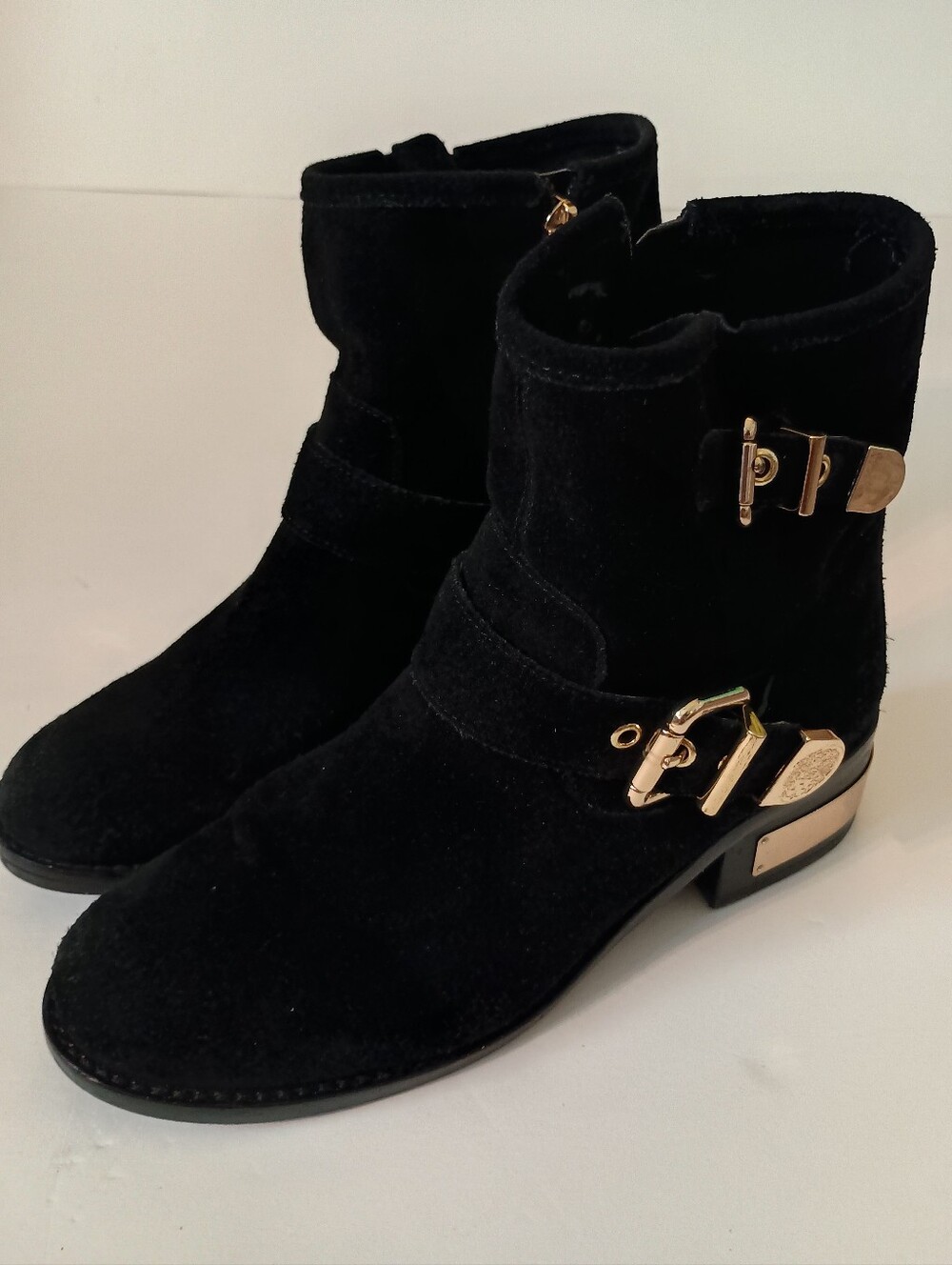Vince Camuto Black Suede With Brass Accent Ankle Boots Ladies 8M